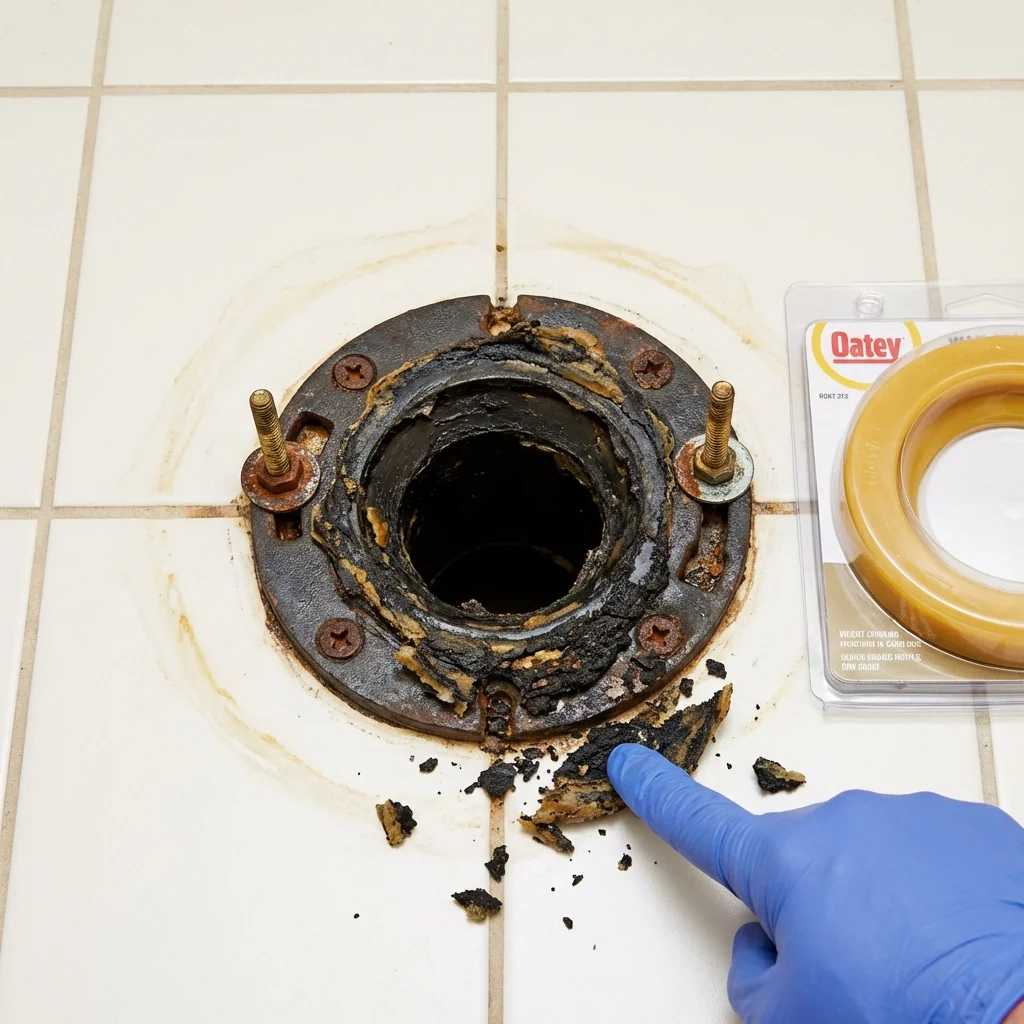 Failed wax ring showing water seepage at the base of a toilet in a Charleston, MS home